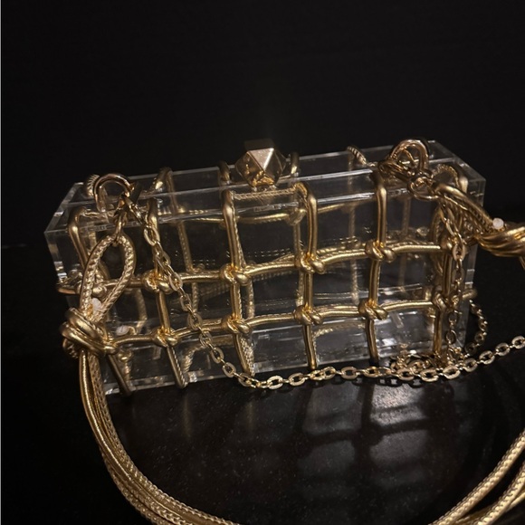 Clear Acrylic Box Clutch with Gold Chain Overlay - Picture 3 of 9